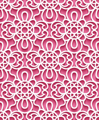 Seamless lace pattern, tulle fabric texture, cutout paper ornament on pink background