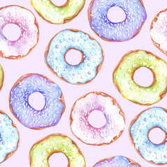 Fototapeta na wymiar Donuts seamless pattern. Watercolor doughnuts.