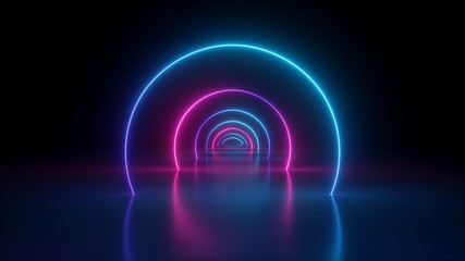 3d render, virtual reality environment, neon light, round portal, rings, circles, tunnel, ultraviolet spectrum, abstract background, laser show, fashion catwalk podium, way, stage, floor reflection