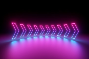 3d render, glowing neon arrows, abstract background, right, direction concept