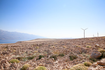 Eolian park in a wind point of Pag Island, Croatia