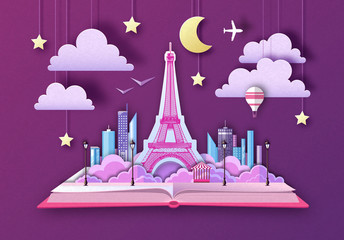 Fototapeta na wymiar Open fairy tale book with city landscape and Eiffel Tower. Cut out paper art style design