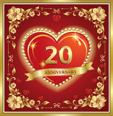 20 years anniversary, happy birthday, big heart, golden frame, floral pattern, red background. Vector illustration