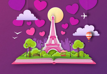 Fototapeta na wymiar Open fairy tale book with Paris city landscape and Eiffel Tower. Cut out paper art style design
