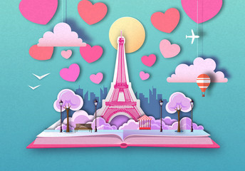 Open fairy tale book with Paris city landscape and Eiffel Tower. Cut out paper art style design