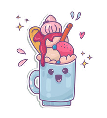 Colorful cartoon milkshake with ice-cream and topping.