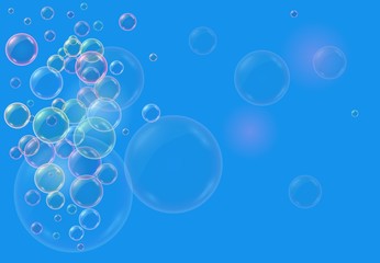 Vector realistic blue background with colorfull transparent soap water bubbles, balls or spheres. 3D illustration.