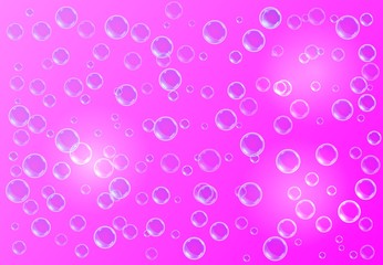 Vector realistic pink background with transparent soap water bubbles, balls or spheres. 3D illustration.