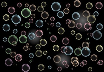 Vector realistic black background with colorfull transparent soap water bubbles, balls or spheres. 3D illustration.