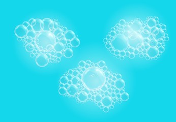 Vector realistic soap foam of transparent water bubbles, balls or spheres on blue background. 3D illustration.