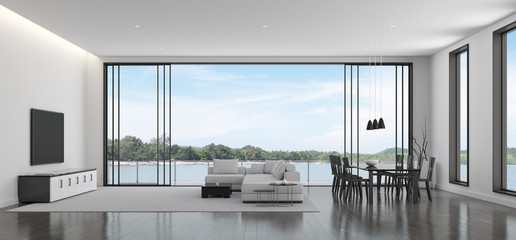 View of white living room in minimal style with black and white furniture on dark laminate floor.Interior design with TV and sofa set on sea background. 3d rendering. 