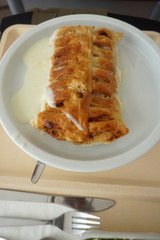 Delicious apple strudel with custard and fruit salad in a canteen in Germany