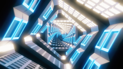 Obraz premium Flying through glowing spinning neon squares creating a tunnel, blue red pink violet spectrum, fluorescent ultraviolet light, modern colorful lighting, 3d illustration