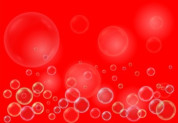 Vector realistic red background with colorfull transparent soap water bubbles, balls or spheres. 3D illustration.
