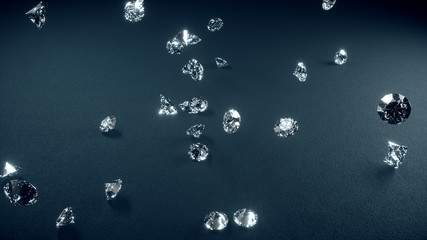 3d illustration, diamonds falling and beat on the gray texture surface