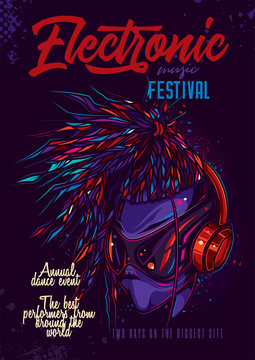 The Original Neon Poster Of The Music Festival. Alien DJ