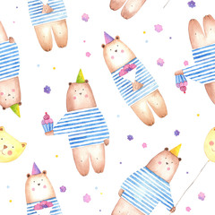 Pattern watercolor with cute bear in sweater