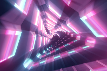 Obraz premium Flying through metallic glowing rotating neon triangles creating a tunnel, colorful spectrum, fluorescent ultraviolet light, modern colorful lighting, 3d illustration