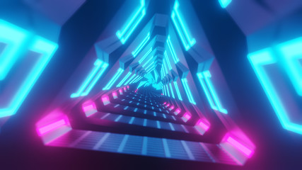 Flying through metallic glowing rotating neon triangles creating a tunnel, colorful spectrum, fluorescent ultraviolet light, modern colorful lighting, 3d illustration