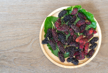 Close up of mulberry with a green leaves on the wooden plate on wooden table. Mulberry this a fruit and can be eaten in have a red and purple color and delicious and sweet nature.