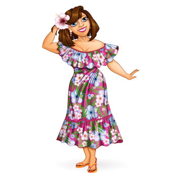 A beautiful tourist girl with a flower in her hair in a Hawaiian muumuu dress. Holidays in the Hawaiian Islands. Funny character in the cartoon style. Vector illustration.