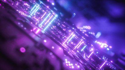 Obraz premium Bright Modern Futuristic Alien Reflective Concrete Corridor Tunnel Empty Room With Purple And Blue Neon Glowing Lights Hexagon Floor Background 3D Illustration