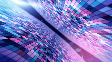 Flying in an abstract space with glowing flashing squares, blue red pink violet spectrum, fluorescent ultraviolet light, modern colorful lighting, 3d illustration