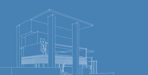 3D illustration architecture building perspective lines.