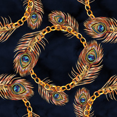 Seamless watercolor pattern with gold peacock feathers