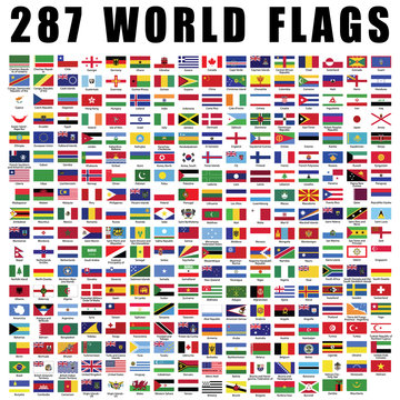 World flag flat icon collection with 287 all nations country flags.