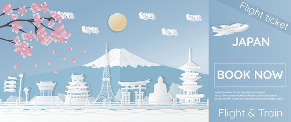 Tickets for traveling to Japan, famous places in Japan, advertising templates, plane tickets in...