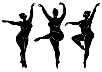 Vector illustration of overweight woman silhouettes. Black and white, differrent poses