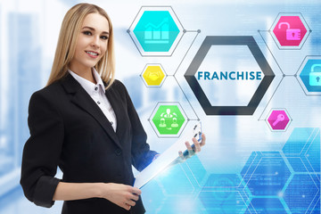 The concept of business, technology, the Internet and the network. A young entrepreneur working on a virtual screen of the future and sees the inscription: Franchise