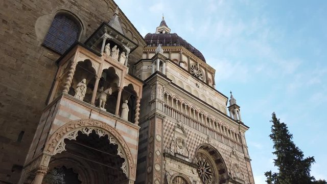 Bergamo, Italy. March 21, 2019 - 4k video  Left side view of basilica of Santa Maria Maggiore Cappella Colleoni, Citta Alta 