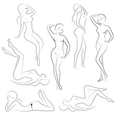 Collection. Silhouette of a sweet lady, she sits and stands. The girl has a beautiful nude figure. A woman is a young slender and sexy model. Set of vector illustrations