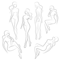 Collection. Silhouette of a sweet lady, she sits and stands. The girl has a beautiful nude figure. A woman is a young slender and sexy model. Set of vector illustrations