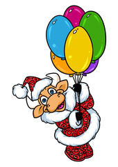 Bull santa claus flight balloons christmas animal character cartoon illustration isolated image