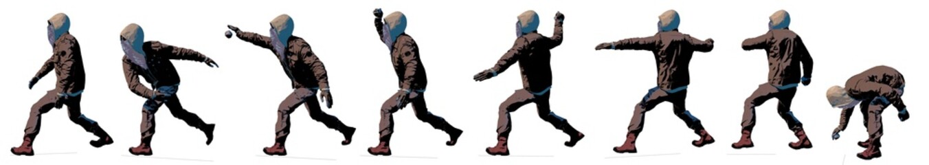 Protestor who throws a stone, rebel, terrorist, armed violence against the state. Rebellion and riot, ideological protest. Movement and guerrilla warfare