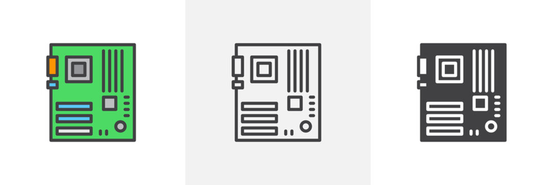 Computer hardware, motherboard icon. Line, glyph and filled outline colorful version, motherboard slot outline and filled vector sign. Symbol, logo illustration. Different style icons set