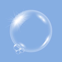 Vector realistic transparent soap water bubbles, balls or spheres on a blue background. 3D illustration. EPS 10.