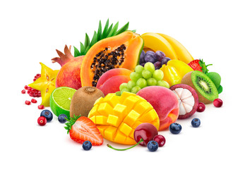 Assortment of exotic fruits and berries isolated on white background with clipping path