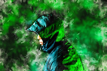 Dark mysterious man hoodie, murderer, hacker, anonymus under green light. illustration combined...