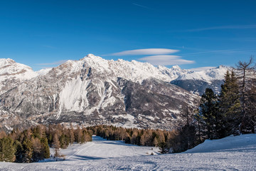 Valdidentro Valtellina Italy Winter. Skiing resort Cima Piazzi/San Colombano, Alps, ski slope.