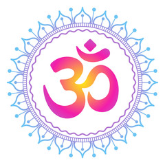 OM symbol color circular mandala. Oriental ornament with ancient Hindu mantra.