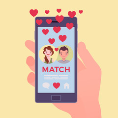 Dating mobile application with match on smartphone screen. Man, woman put together, join to form pair in online app, meet life partner, social network service, hand holding phone. Vector illustration