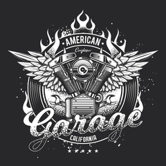 Vintage motorcycle emblem motor and wings on the background of fire. Original vector illustration © artmarsa