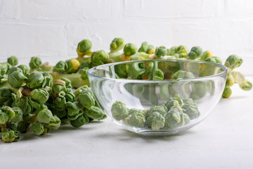 Fresh raw organic brussels sprouts stalks on white background.