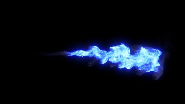 Stream of blue magic fire like flamethrower shooting or fire-breathing dragon's flames. High quality footage with alpha channel.