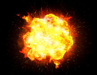 Big bright fiery explosion isolated in black background
