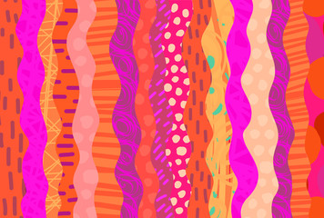 Waves textile stripes hand drawn cartoon style background in vibrant colors